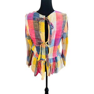 Plaid Patchwork Open-Back/Ties Cotton Blouse Ruffle Hem Oeuvre Multicolor  L